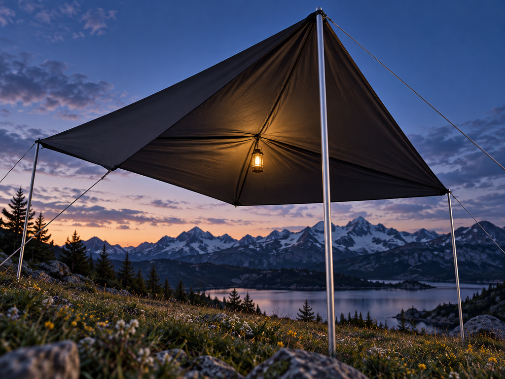 ROADEN BaseCamp awning showcased in an alpine wilderness setting