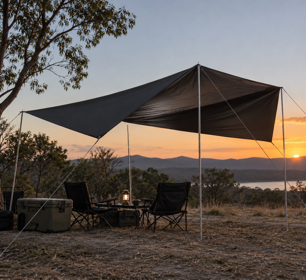ROADEN BaseCamp awning at a realistic Australian-style campsite at sunset