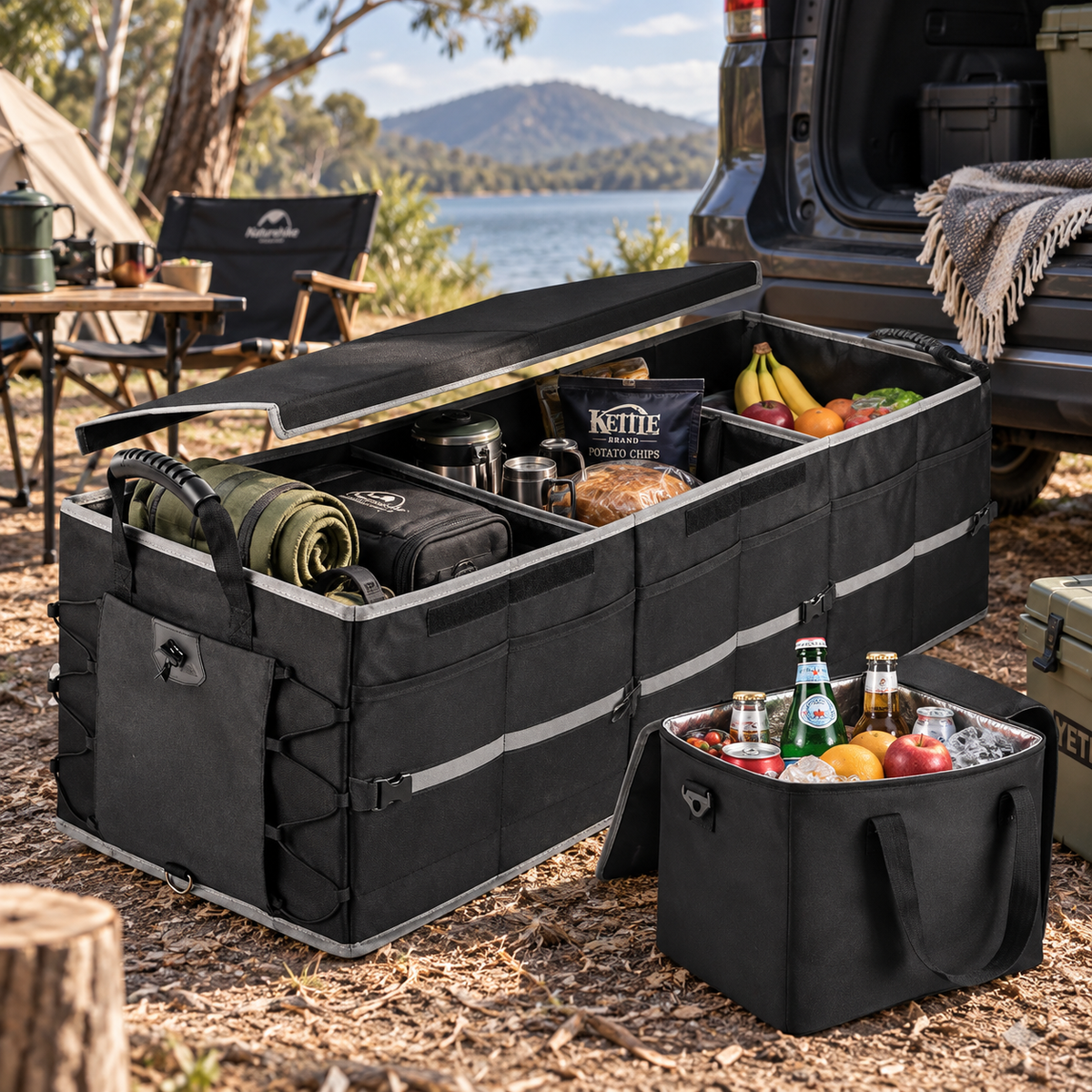 ROADEN Loadout organiser at a lakeside campsite