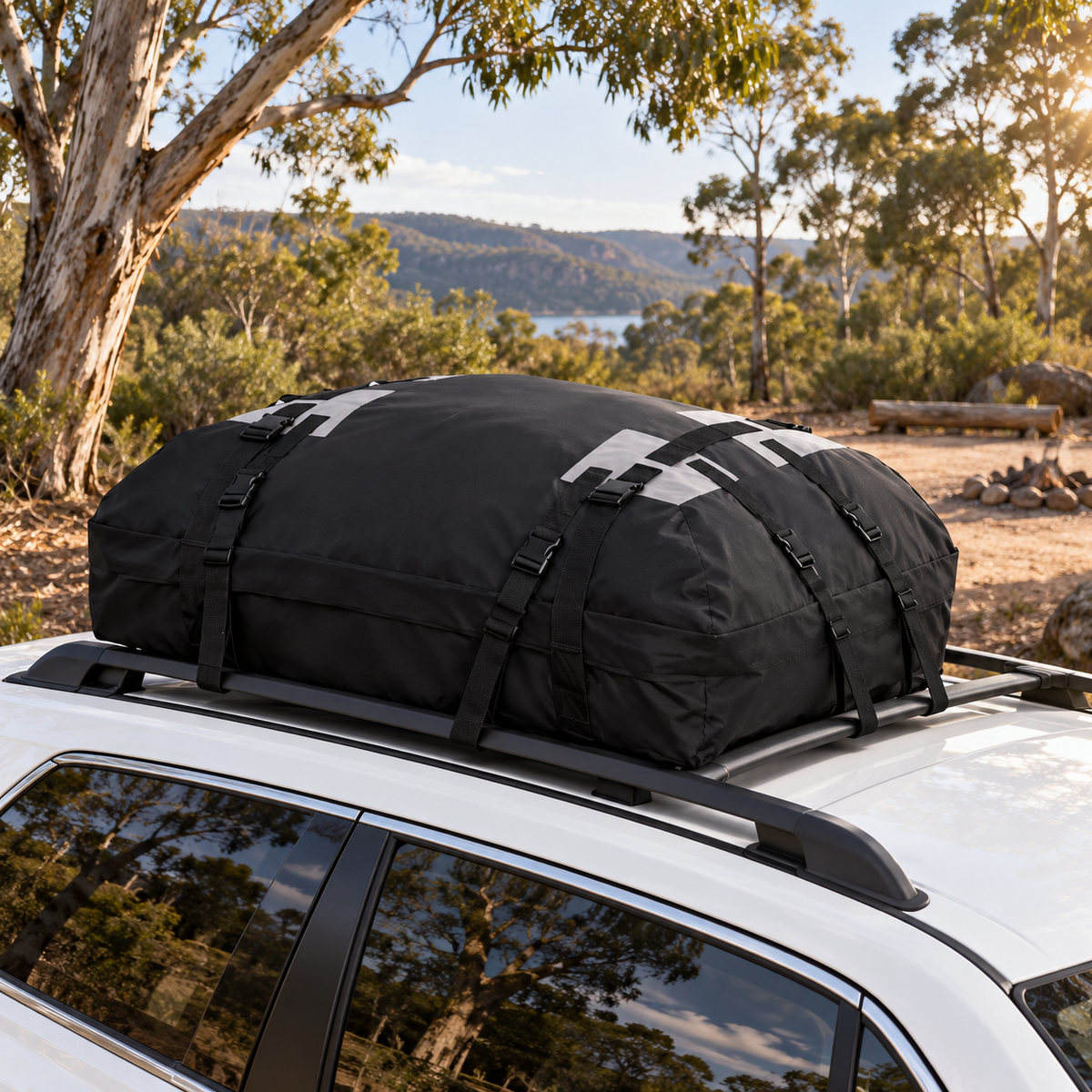 ROADEN SkyHaul 425 rooftop cargo bag on a white SUV in Australian bushland