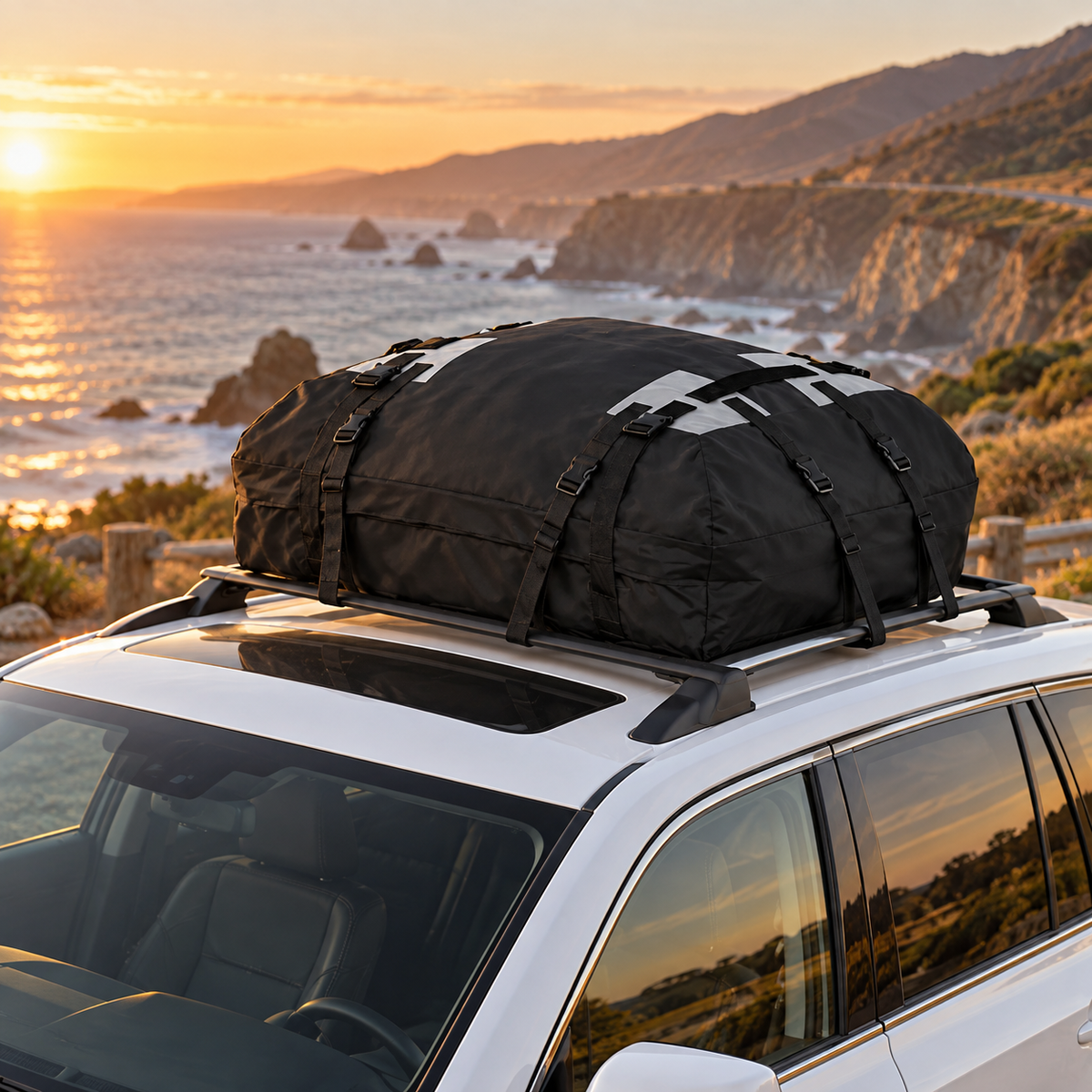 ROADEN SkyHaul 425 rooftop cargo bag on a white SUV at a coastal sunset