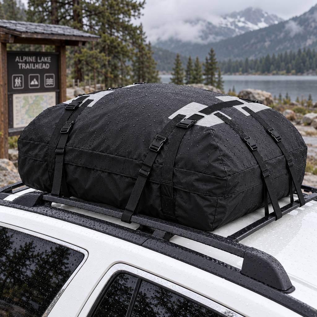 ROADEN SkyHaul 425 rooftop cargo bag secured on a white SUV in wet alpine conditions