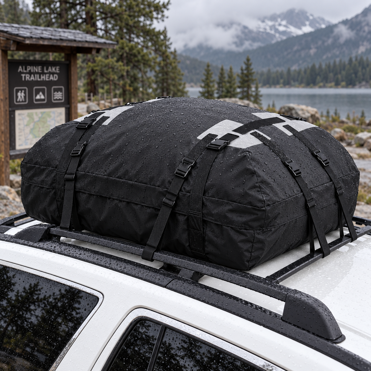 ROADEN SkyHaul 425 rooftop cargo bag secured on a white SUV in wet alpine conditions